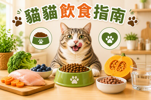 貓貓飲食指南：虎斑貓與乾糧、濕糧、清水及食物碗，介紹貓糧選擇、份量控制與均衡飲食。