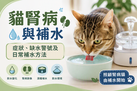 貓腎病與補水指南，展示貓咪、飲水碗及日常水分管理