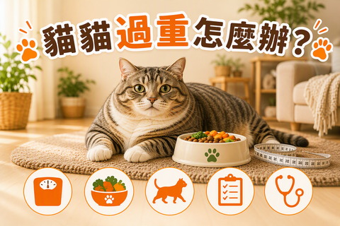 貓貓過重怎麼辦：虎斑貓與食物碗及量度軟尺，介紹貓咪體重管理、健康飲食及增加活動。