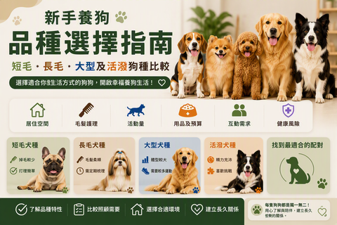 新手養狗品種選擇指南，展示短毛犬、長毛犬、小型犬、大型犬及活潑狗種