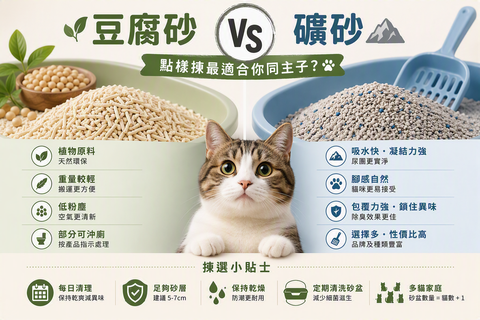 豆腐砂與礦砂比較，包括顆粒、凝結力、粉塵及清潔特點