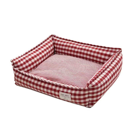 Lemmikki：紅色格子可拆洗寵物床窩50*40cm