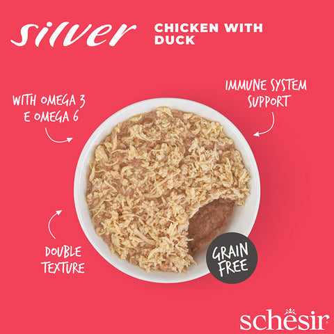 Schesir：SILVER -雞肉&鴨肉高齡貓主食罐70g