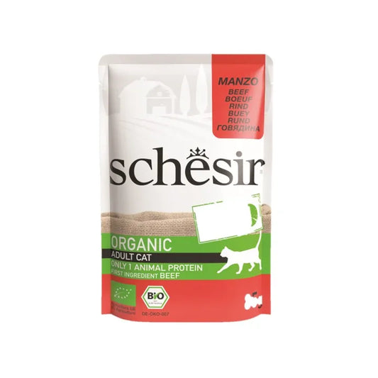 Schesir 有機牛肉成貓主食餐包 85g - 單一有機牛肉蛋白，富含鐵質及B群，幫助肌肉維持及能量代謝