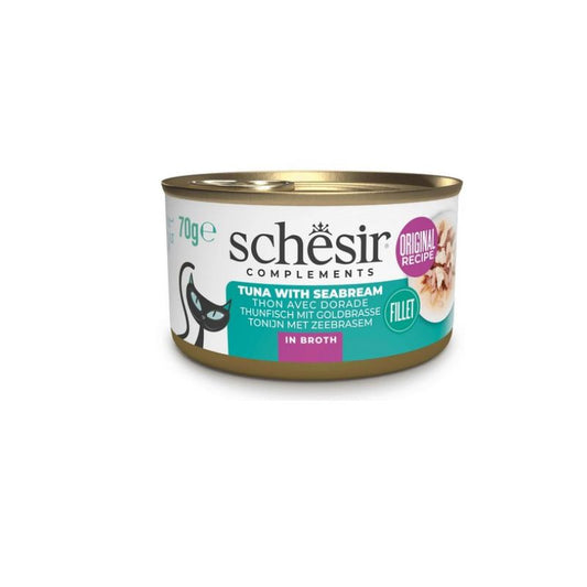 Schesir Wet Original 湯煮吞拿魚鯛魚貓罐頭 70g - 清湯質地幫助貓咪補水，吞拿魚加鯛魚雙重海鮮蛋白